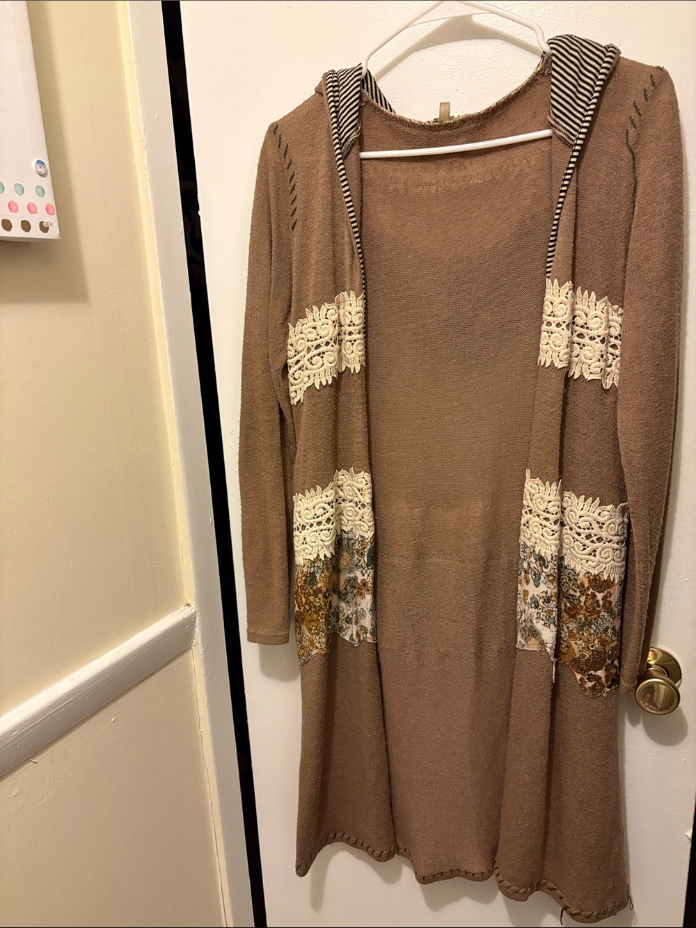gimmicks by BKE Taupe Hooded Open-Front Cardigan with Lace & Floral Panels
